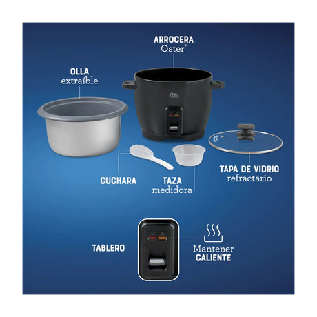 Oster CKSTRCB10DFBLK Olla Arrocera de 1.8L | Interior Antiadherente Extraíble | Negro
