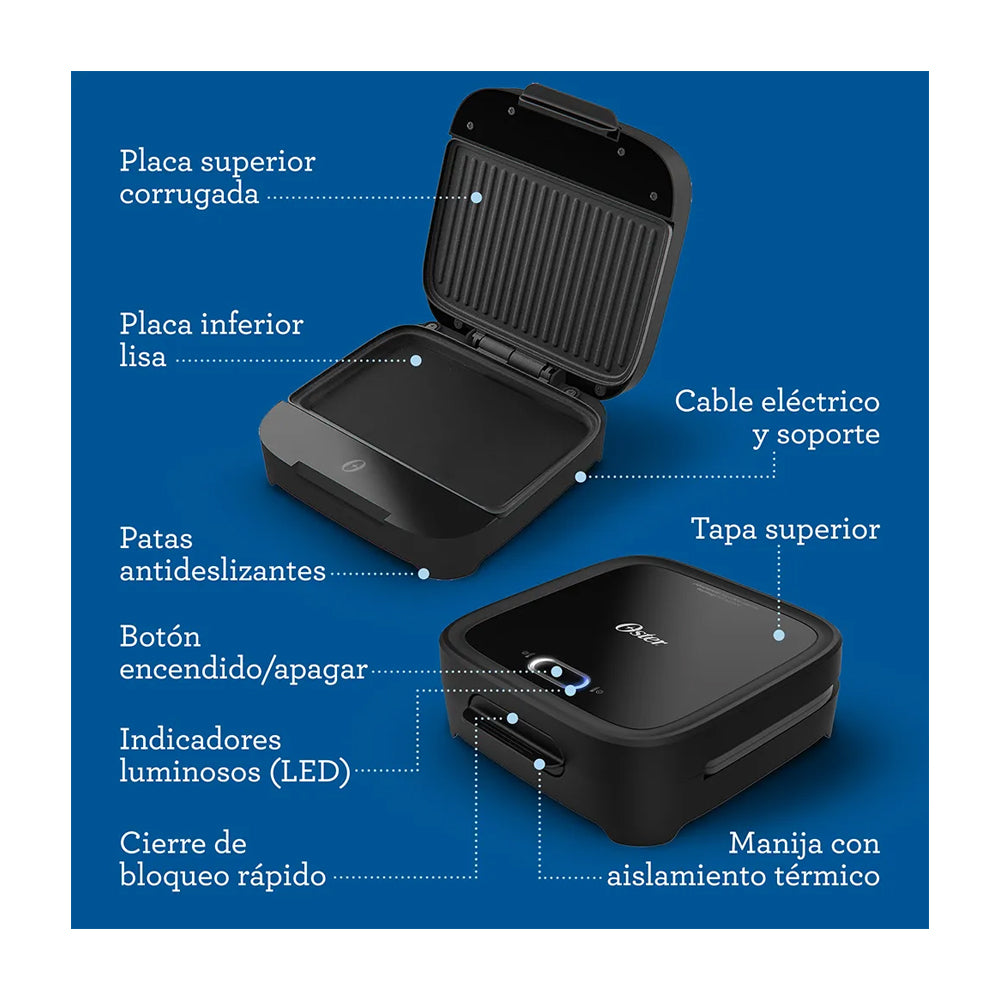 Oster CKSTSM400 Sandwichera | Antiadherente | Quick Lock | Luces Indicadoras | Negro