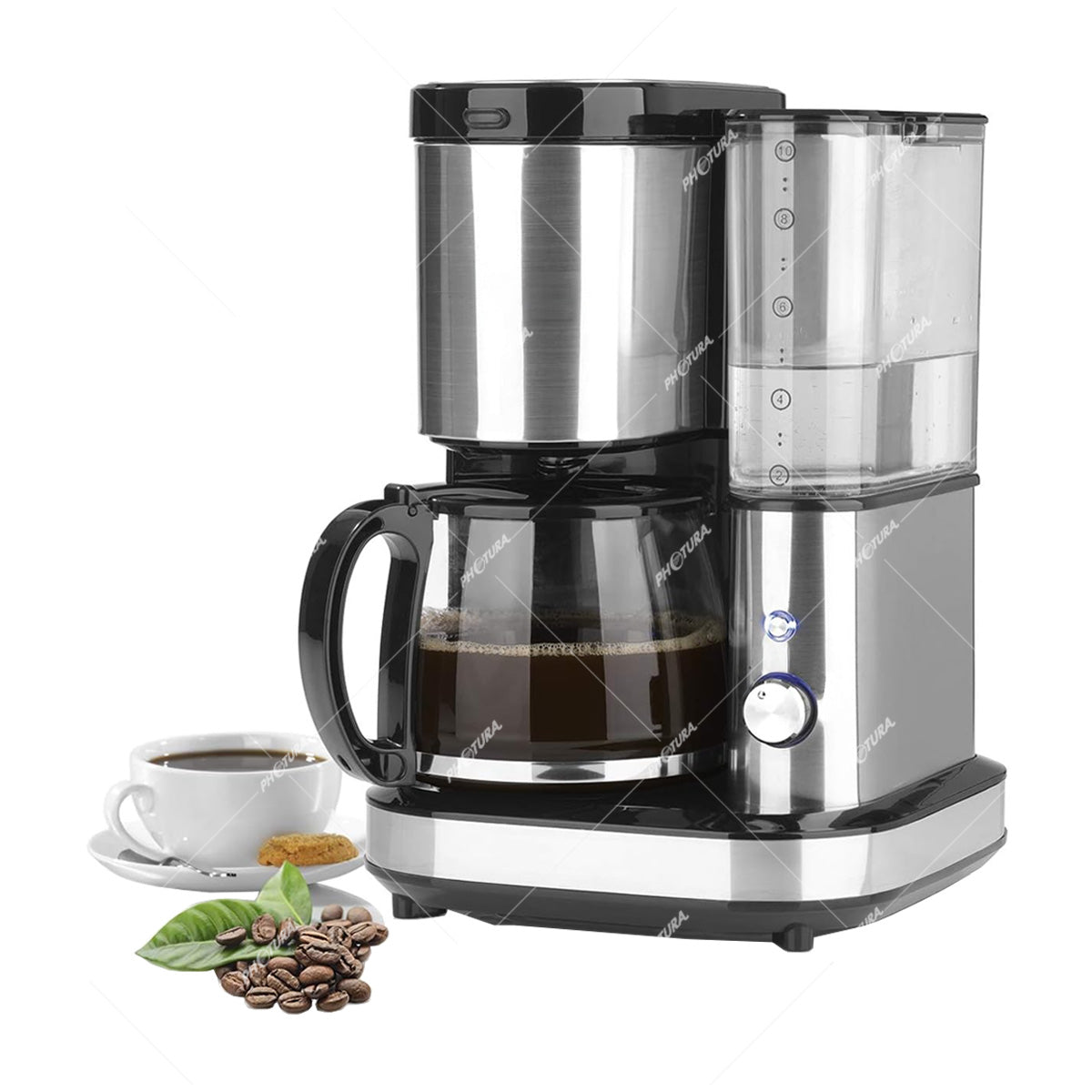 Sankey Cafetera / Molino de Café | 10 Tazas | Filtro Permanente Lavable | Apagado Automático | Plateado Negro