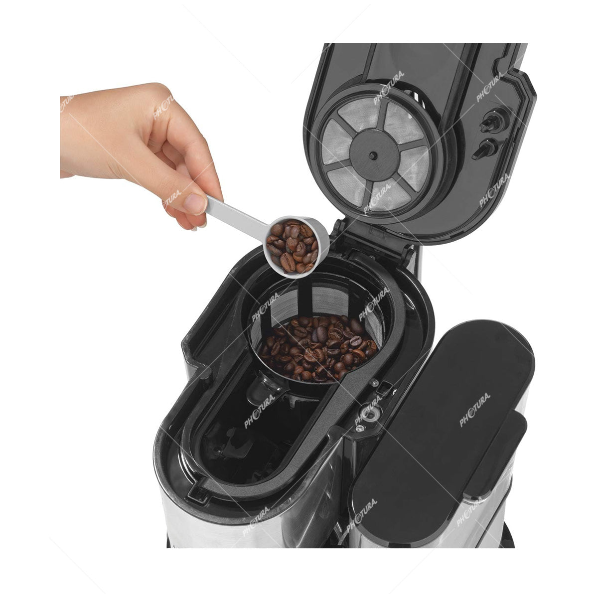 Sankey Cafetera / Molino de Café | 10 Tazas | Filtro Permanente Lavable | Apagado Automático | Plateado Negro