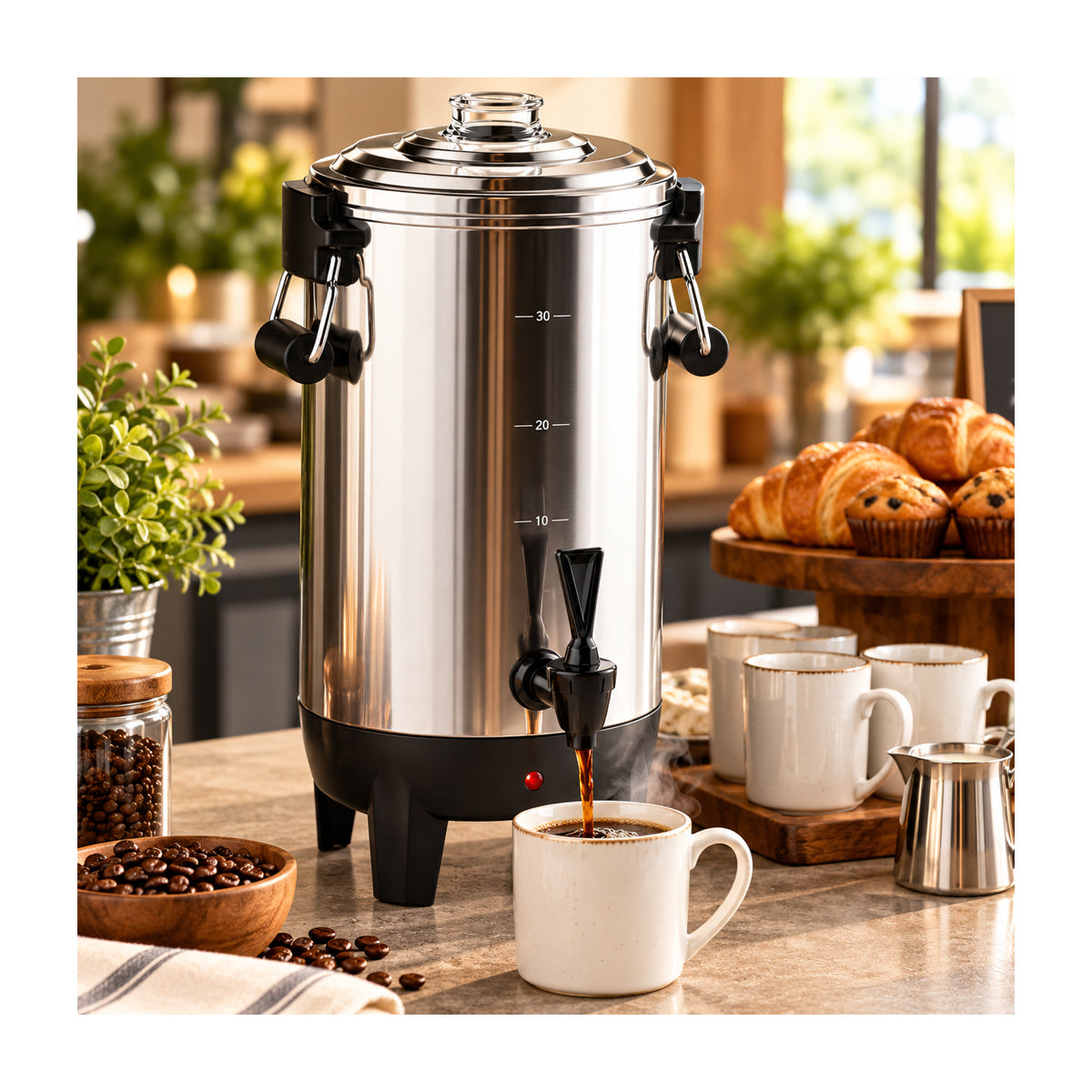 Sankey Cafetera Percoladora de 30 Tazas | Indicador de Temperatura | Acero Inoxidable | Plateado