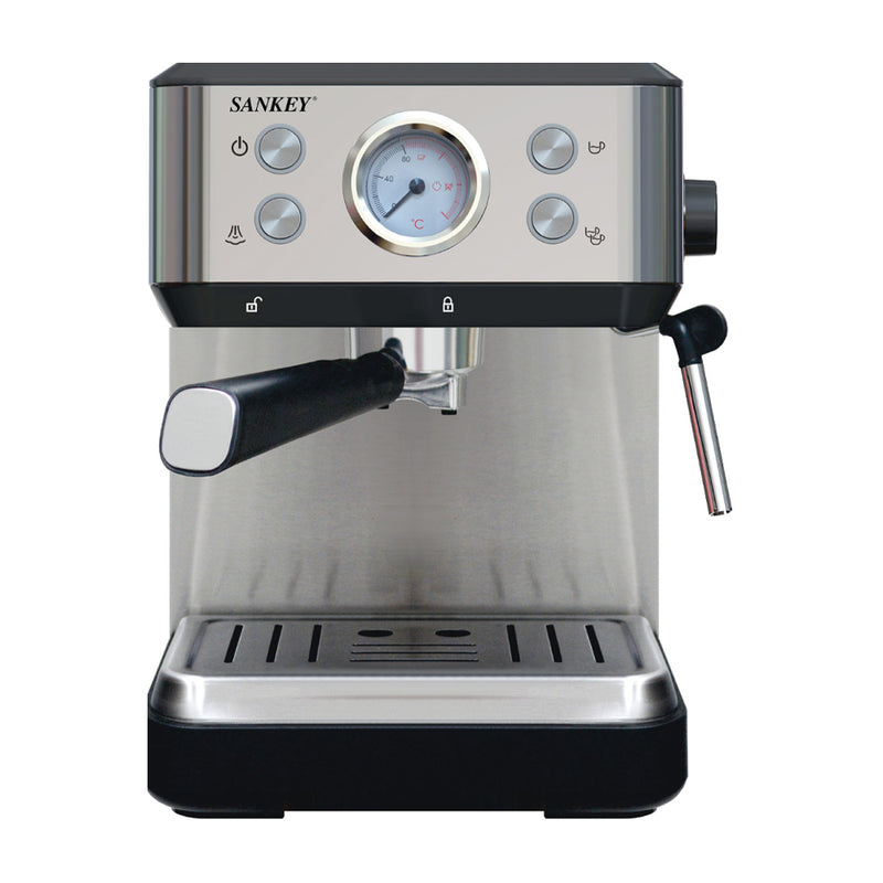 Sankey Cafetera de 2 Tazas | 20 Bares | Espresso | Espumador de Leche | Plateado Negro
