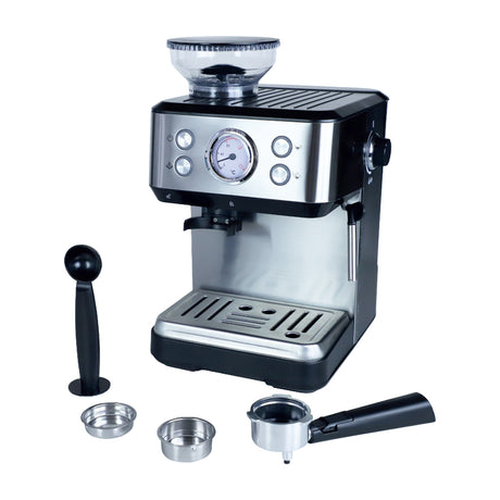 Sankey Cafetera de 2 Tazas | 20 Bares | Espresso | Molino Integrado | Espumador de Leche | Plateado Negro