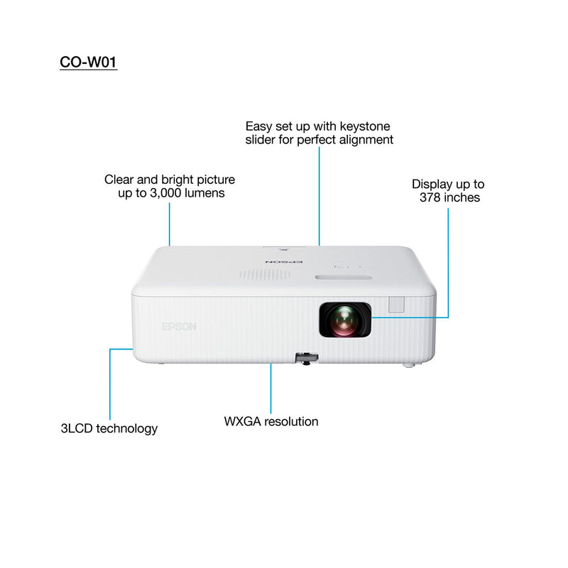 Epson CO-W01 Proyector | WXGA | 3LCD | 3000 Lúmenes | 33" - 378" | 16:10