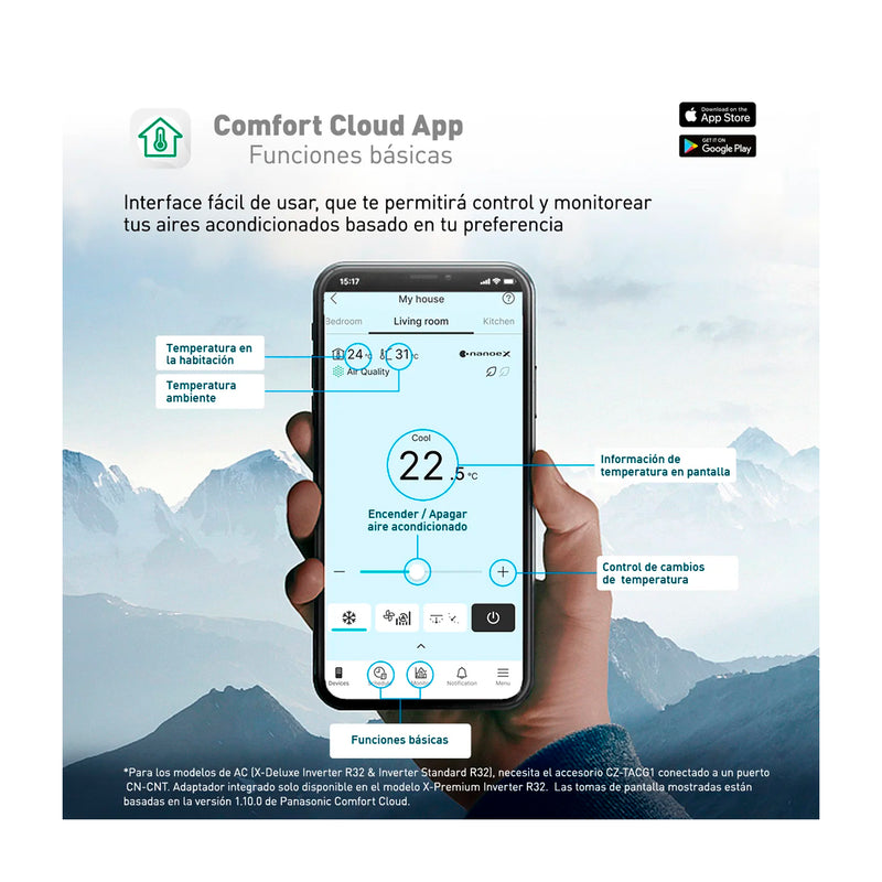 Panasonic Aire Acondicionado Split Premium Inverter 13,600 BTU | SEER 24 | nanoeX Mark 2 | WiFi Comfort Cloud | Blue Fin | 220v | Gris