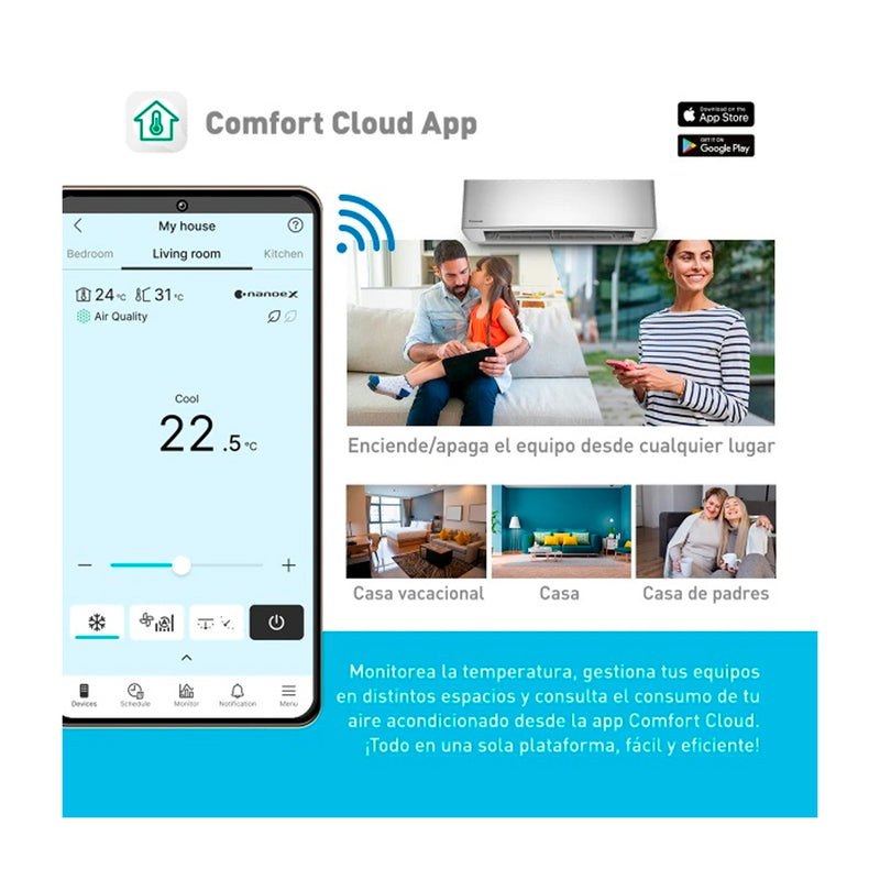Panasonic Aire Acondicionado Split Premium Inverter 13,600 BTU | SEER 24 | nanoeX Mark 2 | WiFi Comfort Cloud | Blue Fin | 220v | Gris