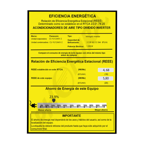 Panasonic Aire Acondicionado Split Inverter  12,044 BTU | SEER 20 | YU | Enfriamiento Rápido | Blue Fin Condenser | IFeel | 220v | Blanco