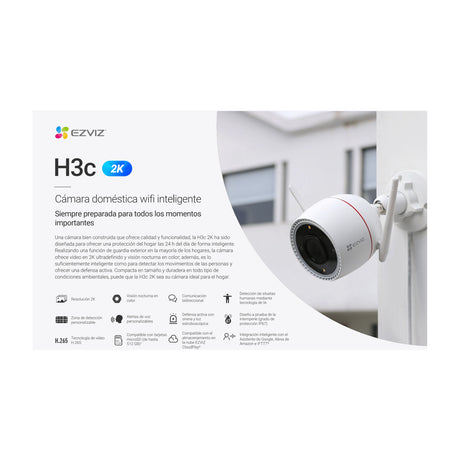 EZVIZ H3c 2K Cámara de Seguridad WiFi para Casa | 2K | Visión Nocturna a Color | Detección de Movimiento | IP67 | Tecnología de Vídeo H.265