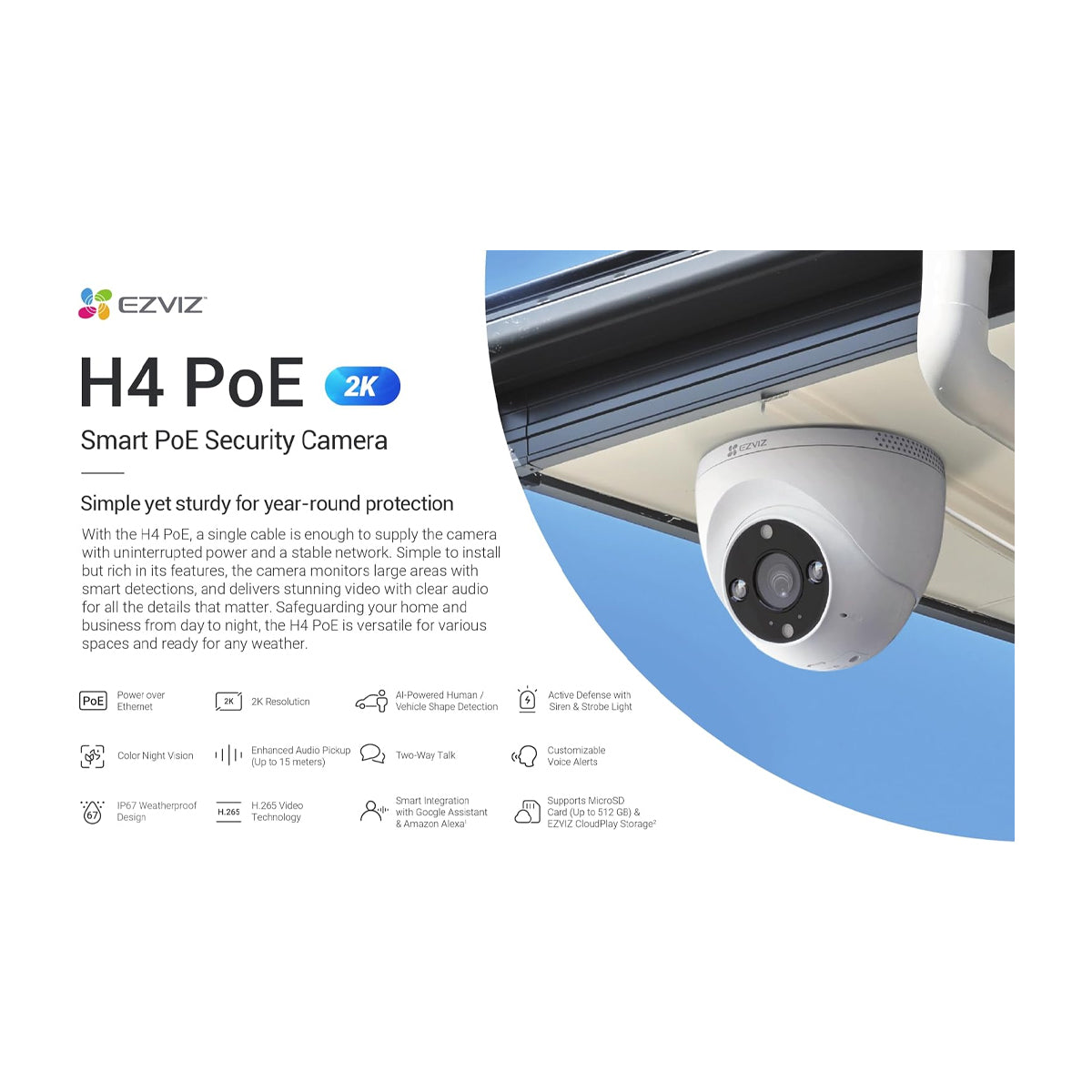 EZVIZ H4 PoE 2K Cámara de Seguridad WiFi para Casa | 2K | Visión Nocturna a Color | Alarma con Luz y Sonido | IP67 | Tecnología de Vídeo H.265