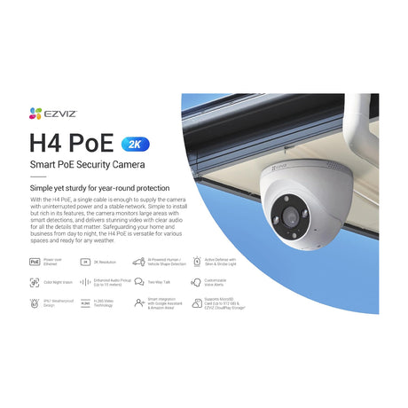 EZVIZ H4 PoE 2K Cámara de Seguridad WiFi para Casa | 2K | Visión Nocturna a Color | Alarma con Luz y Sonido | IP67 | Tecnología de Vídeo H.265