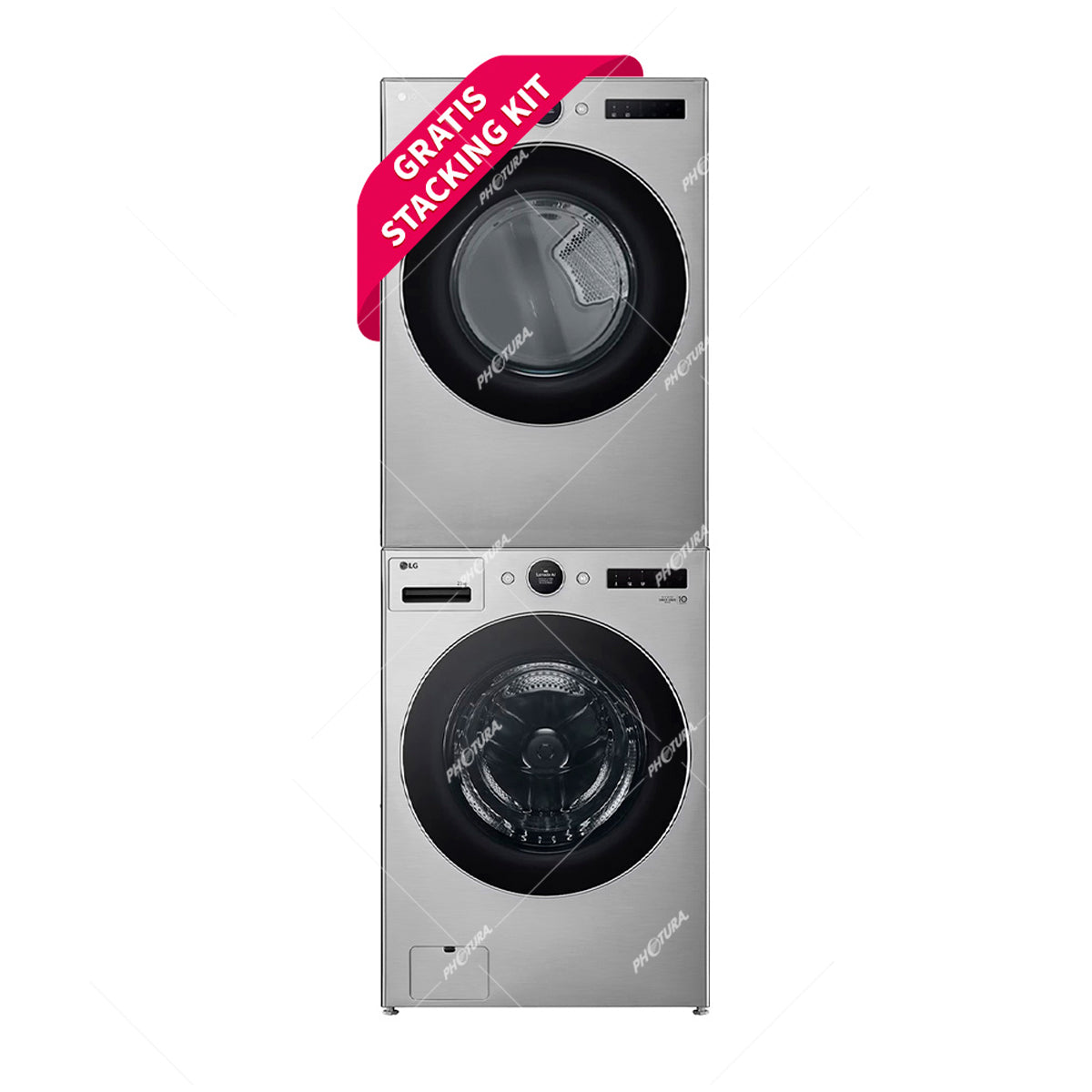 LG Combo Lavadora Automatica Inverter Direct Drive de 23kg y Secadora a Gas de Carga Frontal de 22kg | AI DD | ThinQ | 6 Motion DD | Turbo Wash | Plateado