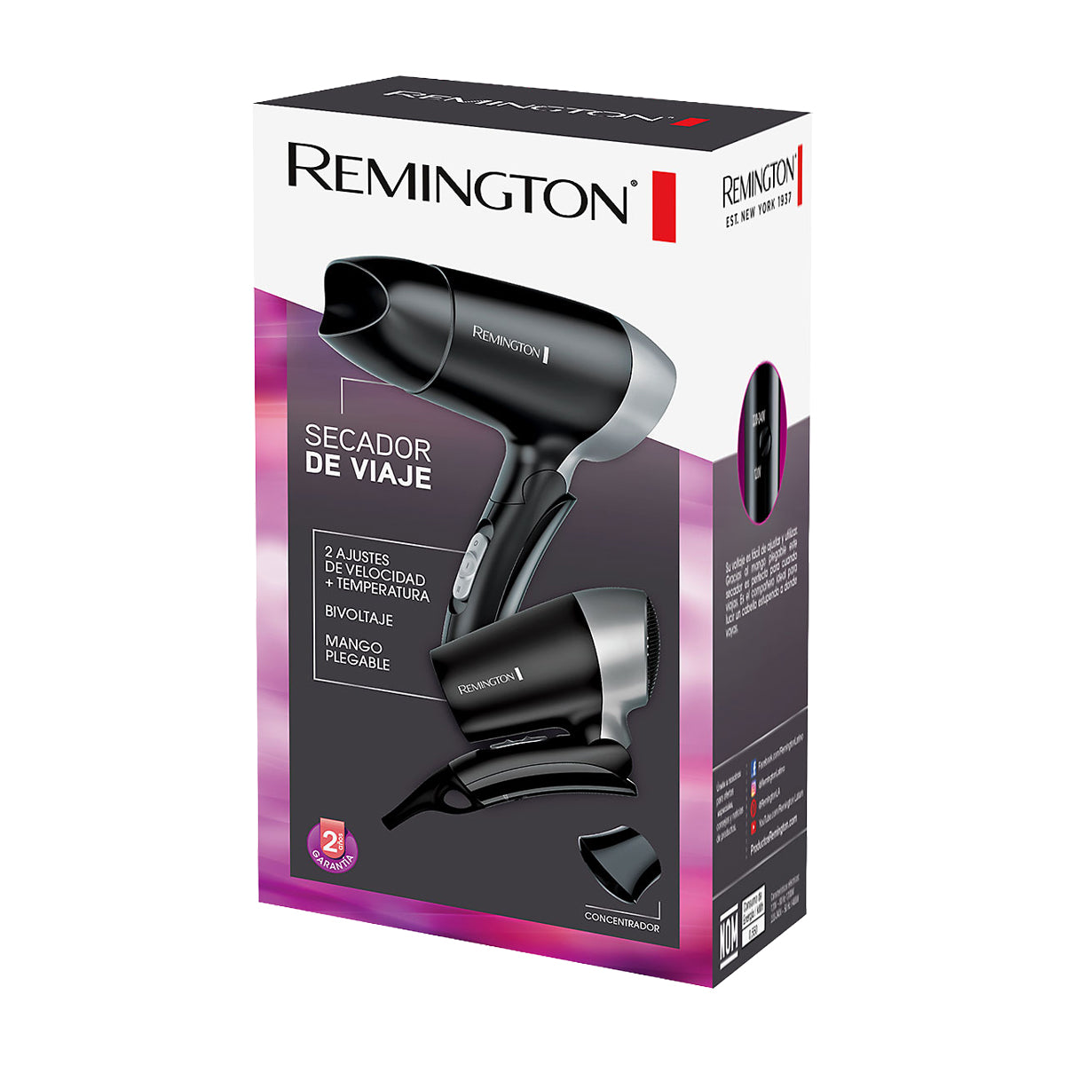 Remington Secador de Cabello para Viajes | 2 Velocidades | Bivoltaje | Mango Plegable | Negro
