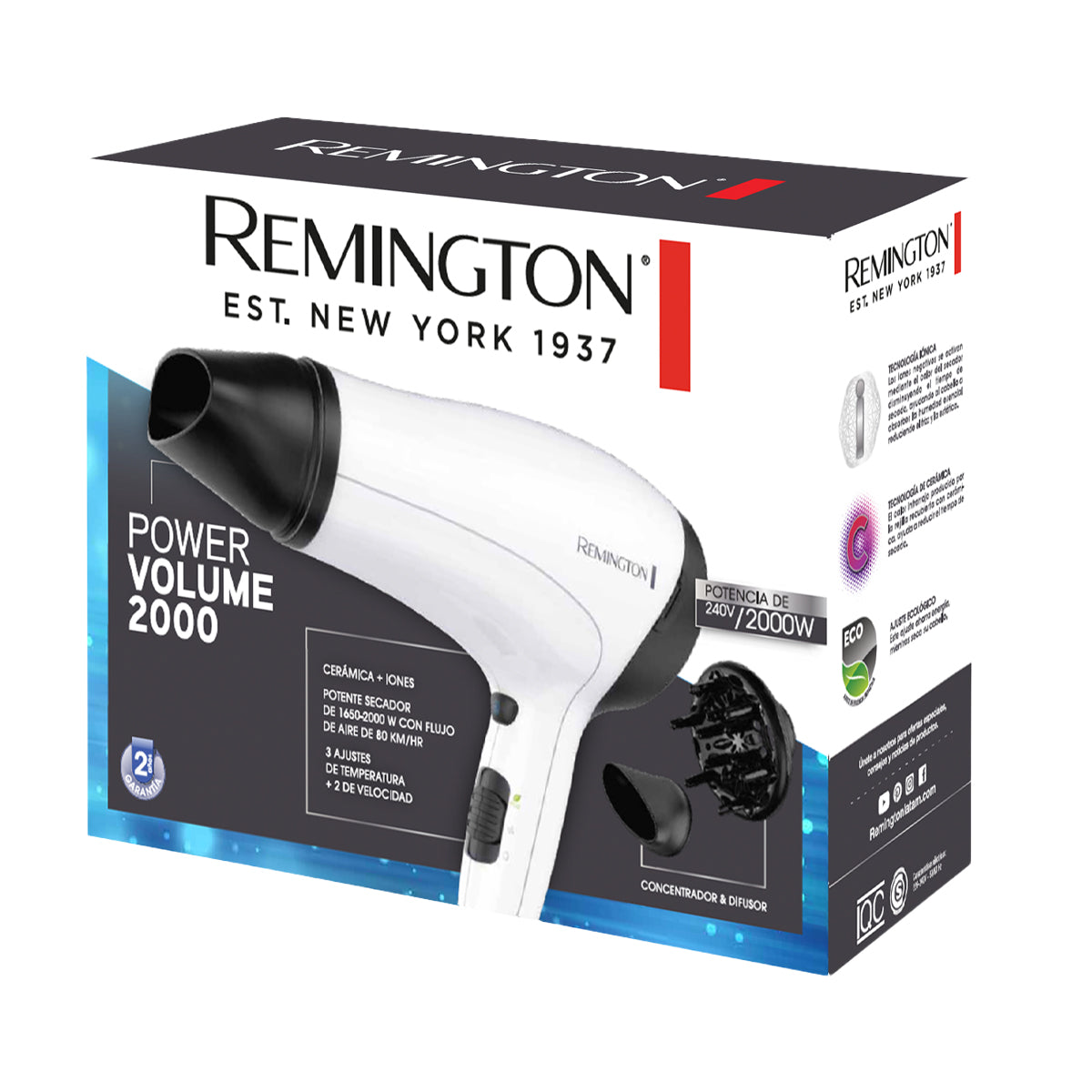 Remington Power Volumen 2000 Secador de Cabello | Revestimiento de Cerámica e Iones 2 Velocidades | Blanco