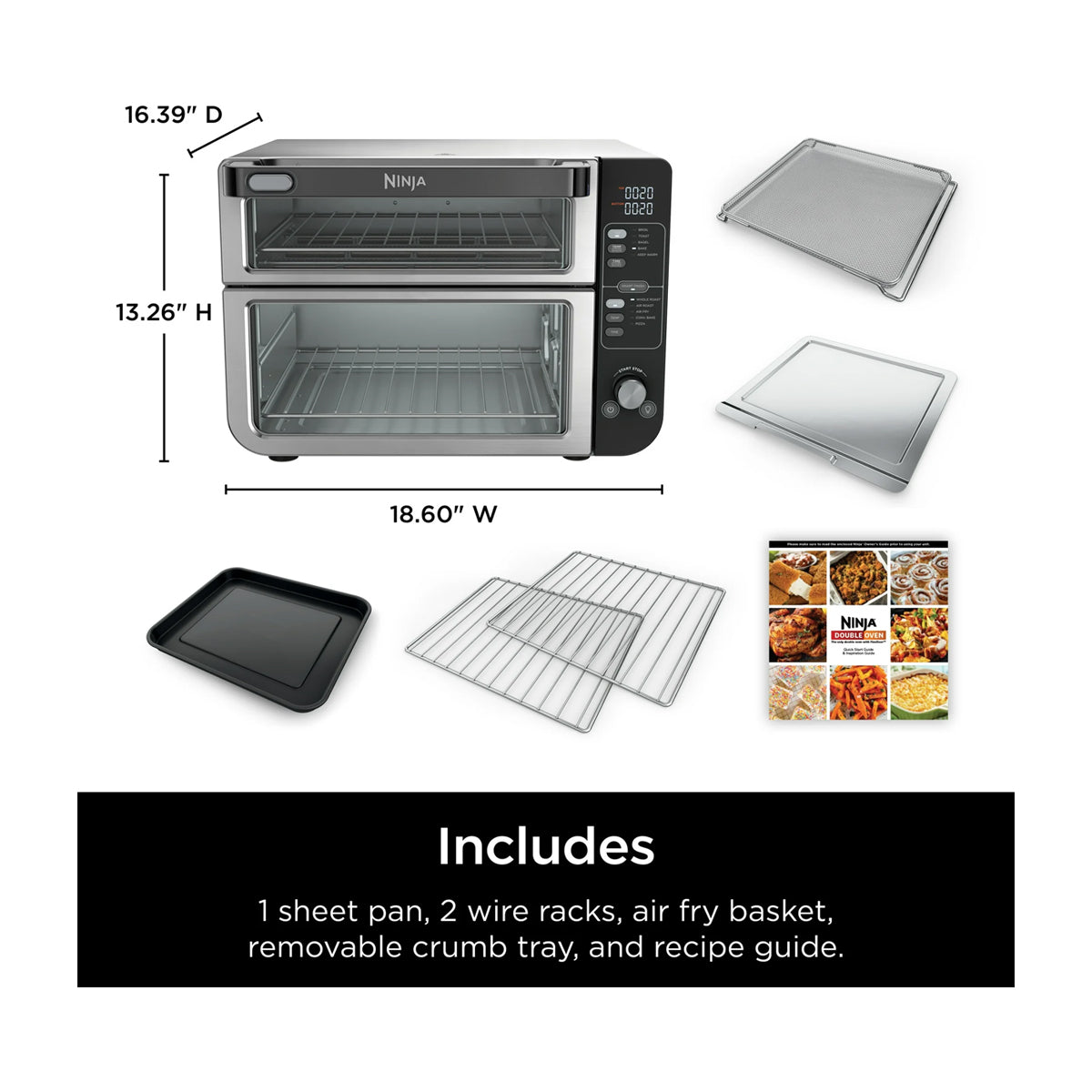 Ninja Horno Eléctrico Doble 10-en-1 | Digital | Freidora de Aire | Convección | Tecnología FlavorSeal | FlexDoor | 1800W | Negro Plateado
