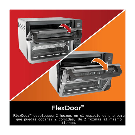 Ninja Horno Eléctrico Doble 12-en-1 | Digital | Freidora de Aire | Convección | Tecnología FlavorSeal | FlexDoor | 1800W | Negro Plateado