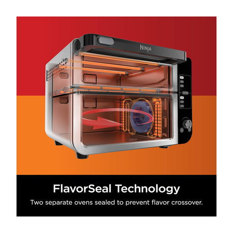 Ninja Horno Eléctrico Doble 12-en-1 | Digital | Freidora de Aire | Convección | Tecnología FlavorSeal | FlexDoor | 1800W | Negro Plateado