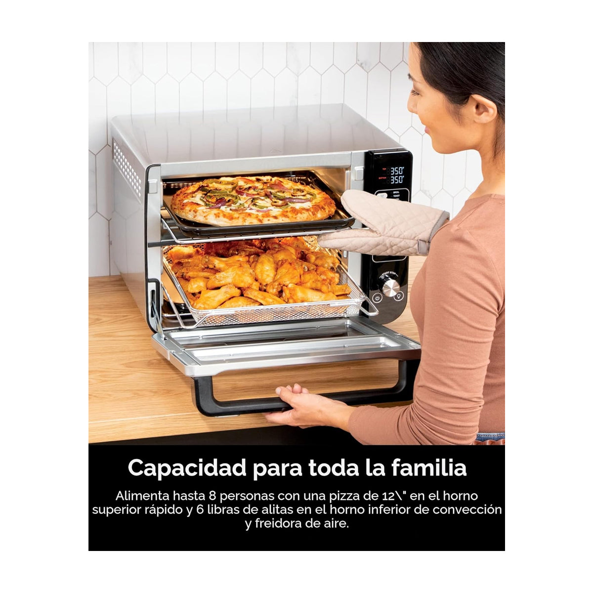 Ninja Horno Eléctrico Doble 12-en-1 | Digital | Freidora de Aire | Convección | Tecnología FlavorSeal | FlexDoor | 1800W | Negro Plateado