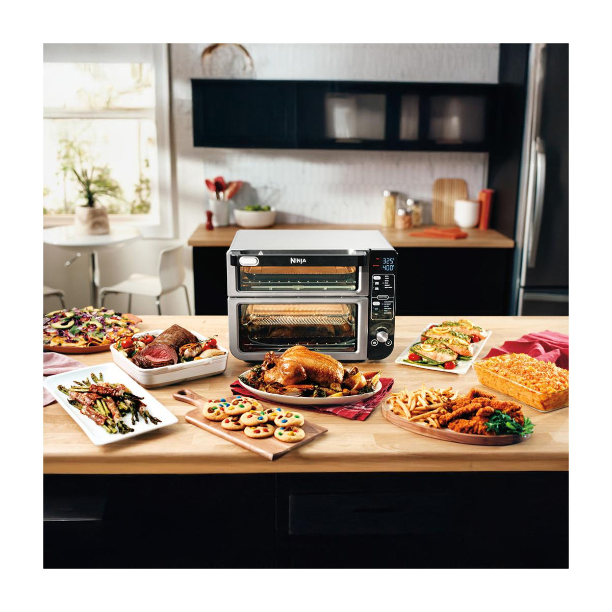 Ninja Horno Eléctrico Doble 12-en-1 | Digital | Freidora de Aire | Convección | Tecnología FlavorSeal | FlexDoor | 1800W | Negro Plateado