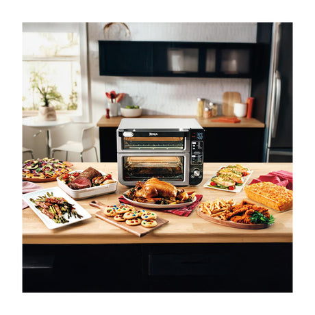 Ninja Horno Eléctrico Doble 12-en-1 | Digital | Freidora de Aire | Convección | Tecnología FlavorSeal | FlexDoor | 1800W | Negro Plateado
