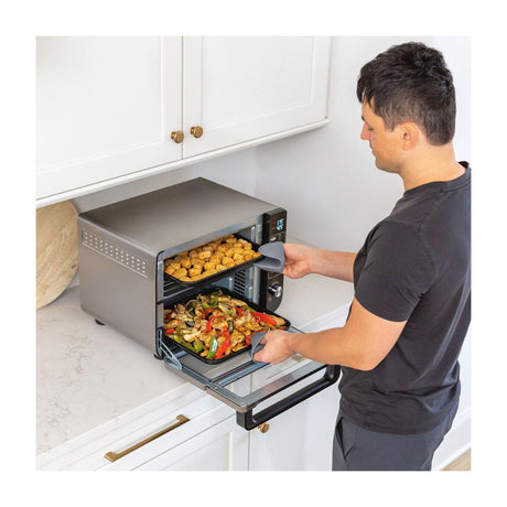 Ninja Horno Eléctrico Doble 12-en-1 | Digital | Freidora de Aire | Convección | Tecnología FlavorSeal | FlexDoor | 1800W | Negro Plateado