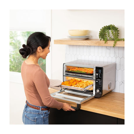 Ninja Horno Eléctrico Doble 12-en-1 | Digital | Freidora de Aire | Convección | Tecnología FlavorSeal | FlexDoor | 1800W | Negro Plateado