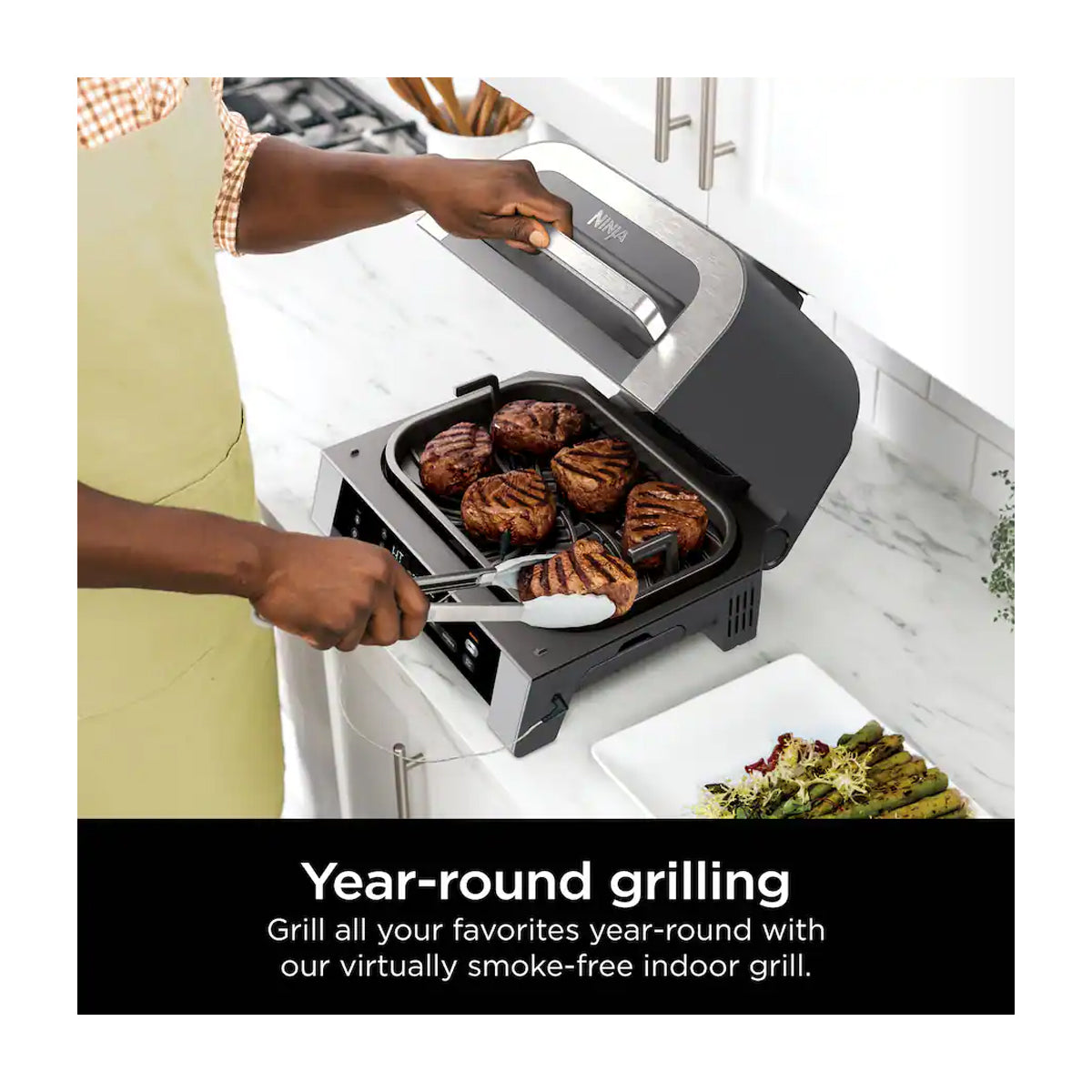 Ninja Foodi Smart XL Parrilla Eléctrica 6-en-1 para Interiores | Cyclonic Grilling | Freidora de Aire | Smoke Control | 1760W | Gris