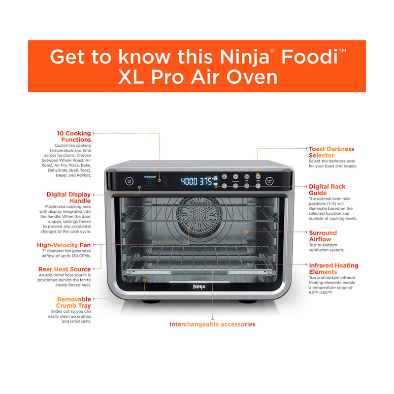 Ninja Foodi Smart XL Pro Horno Eléctrico 10-en-1 | Digital | Freidora de Aire | True Surround Convection | Capacidad XL | 1800W | Negro Plateado