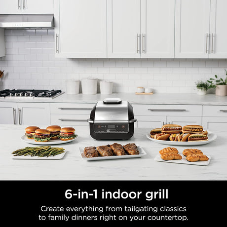 Ninja Foodi Parrilla Eléctrica 6-en-1 para Interiores | Cyclonic Grilling | Freidora de Aire | Smoke Control | Hornear, Rostizar y Asar | 1760W | Negro Plateado