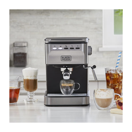 Black & Decker Cafetera de 25 Tazas | Espresso y Capuccino | 20 Bares | Tubo de Vapor | Negro Plateado