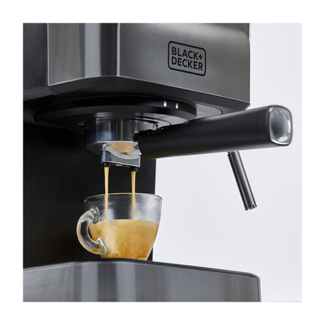 Black & Decker Cafetera de 25 Tazas | Espresso y Capuccino | 20 Bares | Tubo de Vapor | Negro Plateado