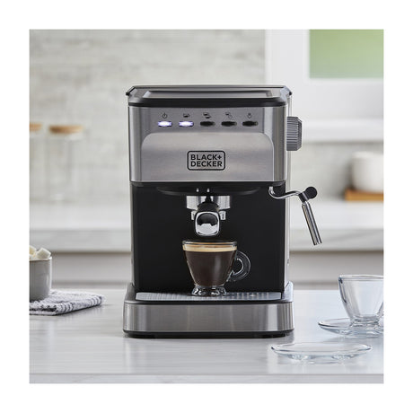 Black & Decker Cafetera de 25 Tazas | Espresso y Capuccino | 20 Bares | Tubo de Vapor | Negro Plateado