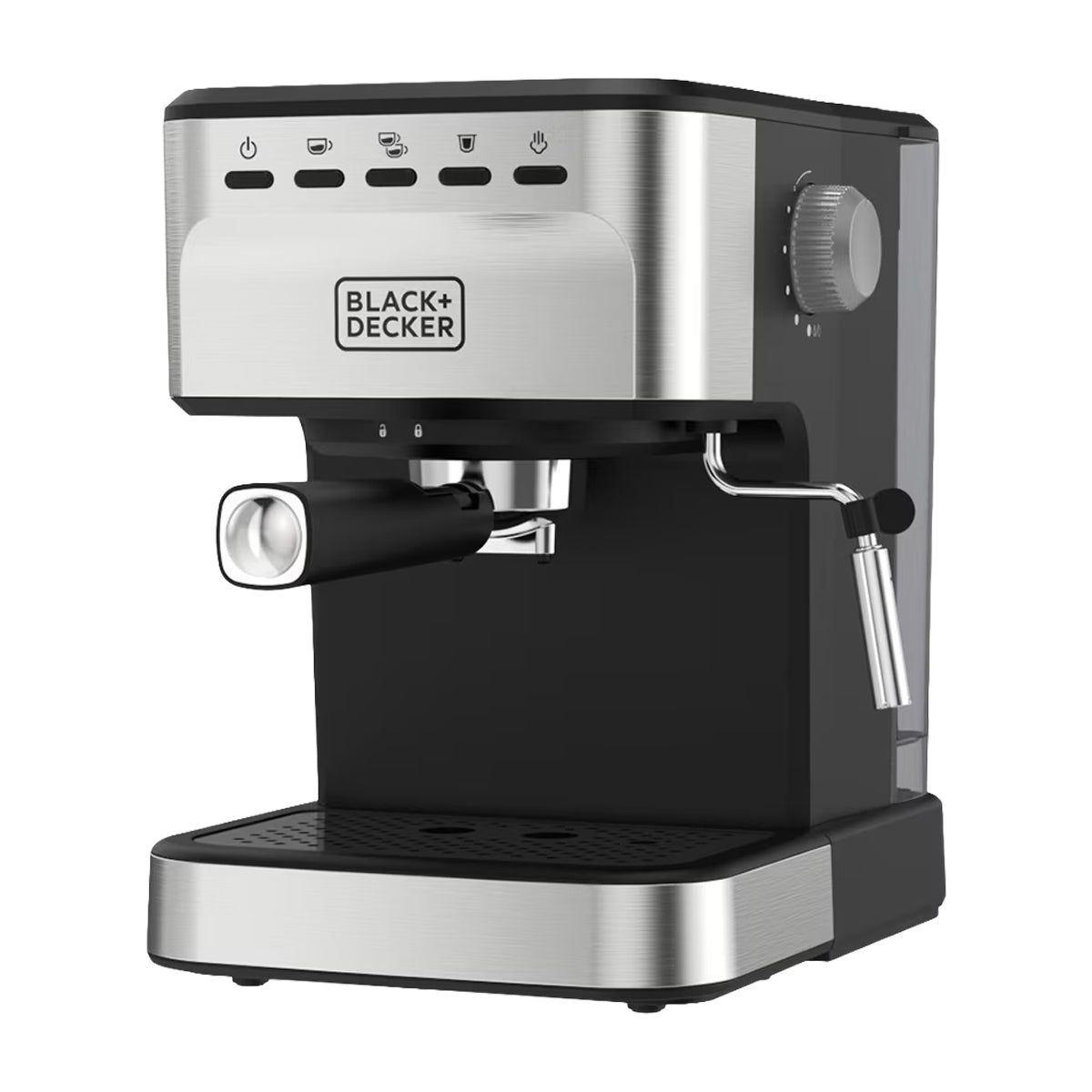 Black & Decker Cafetera de 25 Tazas | Espresso y Capuccino | 20 Bares | Tubo de Vapor | Negro Plateado