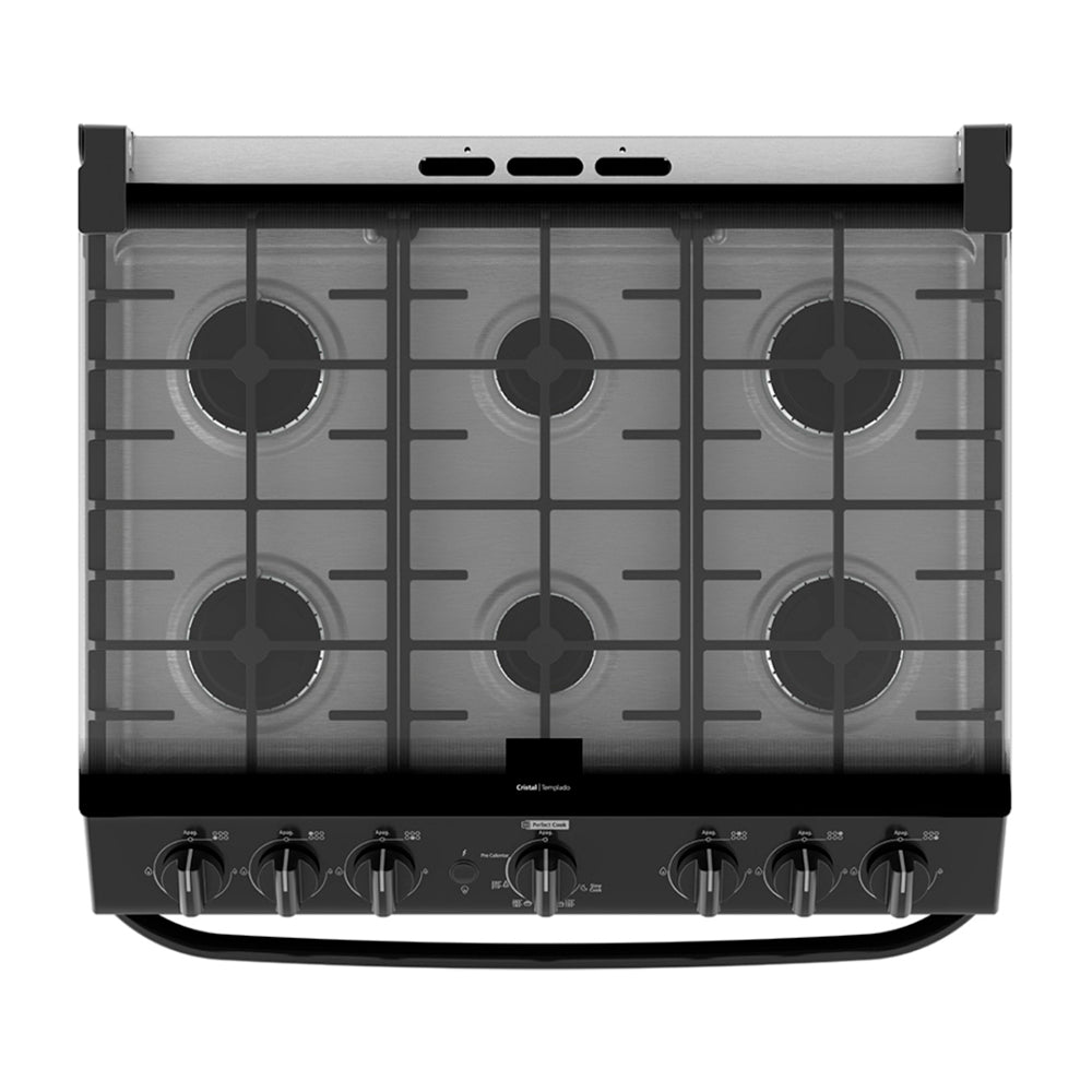 Mabe Estufa a Gas de Acero Inoxidable | Tecnología Ultimate | Perfect Cook | Easy Clean Pro | Tapa | Plancha | 30" | 6 Quemadores | Negro