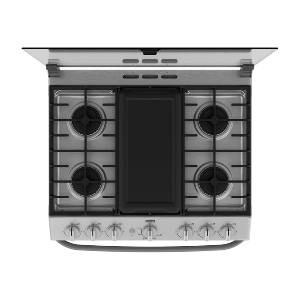 Mabe Estufa a Gas de Acero Inoxidable | Tecnología Ultimate | Perfect Cook | Easy Clean Pro | Tapa | Plancha | 30" | 6 Quemadores