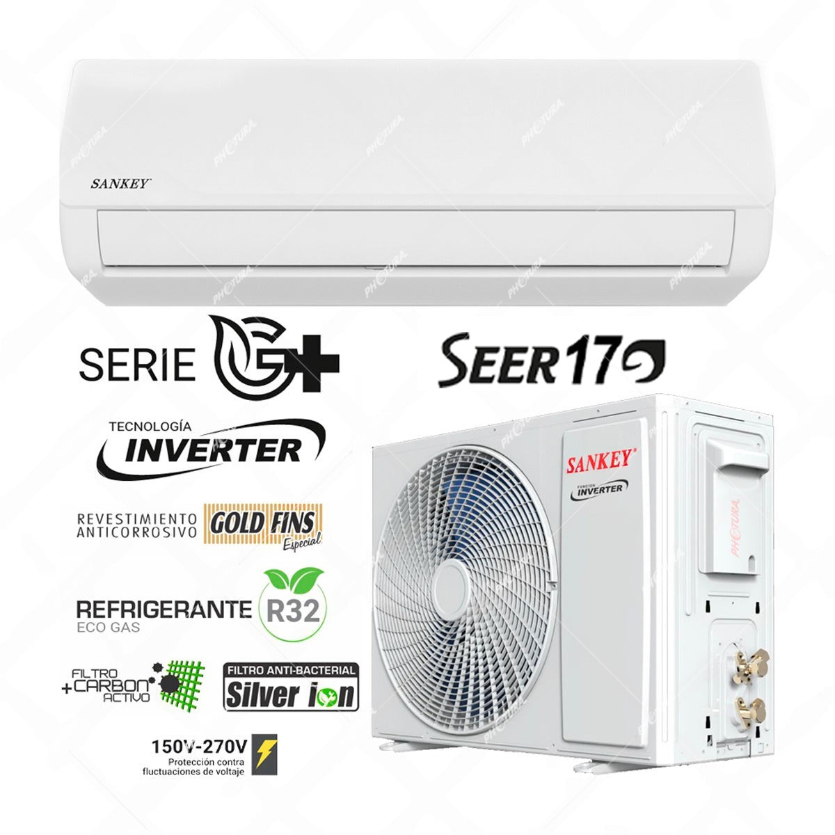 Sankey Aire Acondicionado Split Inverter Serie G+ 12,000 BTU | SEER 17 | Protección de Voltaje | Rápido Enfriamiento | Silver Ion | Filtro de Carbón Activo | 220v