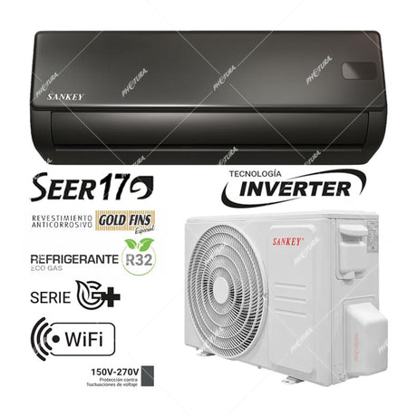 Sankey Aire Acondicionado Split Inverter Serie G+ 12,000 BTU | SEER 17 | WiFi | Protección de Voltaje | Rápido Enfriamiento | Modo ECO+ | 220v | Negro