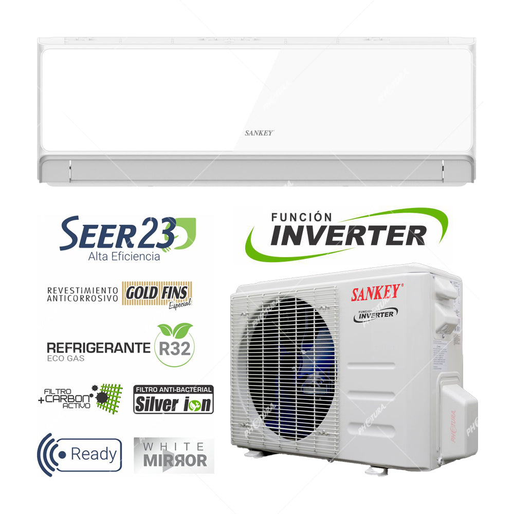 Sankey Aire Acondicionado Split Inverter 12,000 BTU | SEER 23 | WiFi | Alta Eficiencia | Enfriamiento Supremo | Silver Ion | Filtro de Carbon Activo | 220v | White Mirror