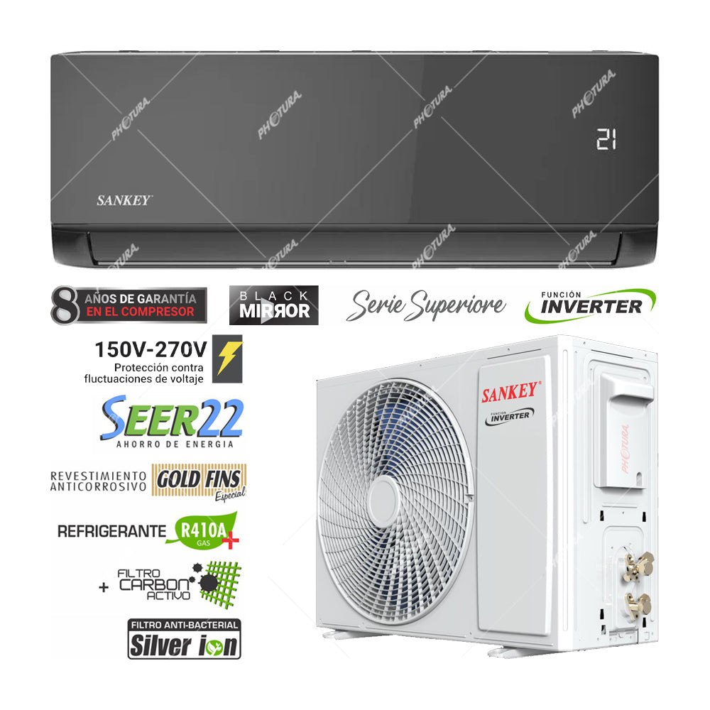 Sankey Aire Acondicionado Split Inverter Serie Superiore 11,500 BTU | SEER 22 | Alta Eficiencia | Protección de Voltaje | Enfriamiento Supremo | Silver Ion | Filtro de Carbón Activo | 220v | Black Mirror