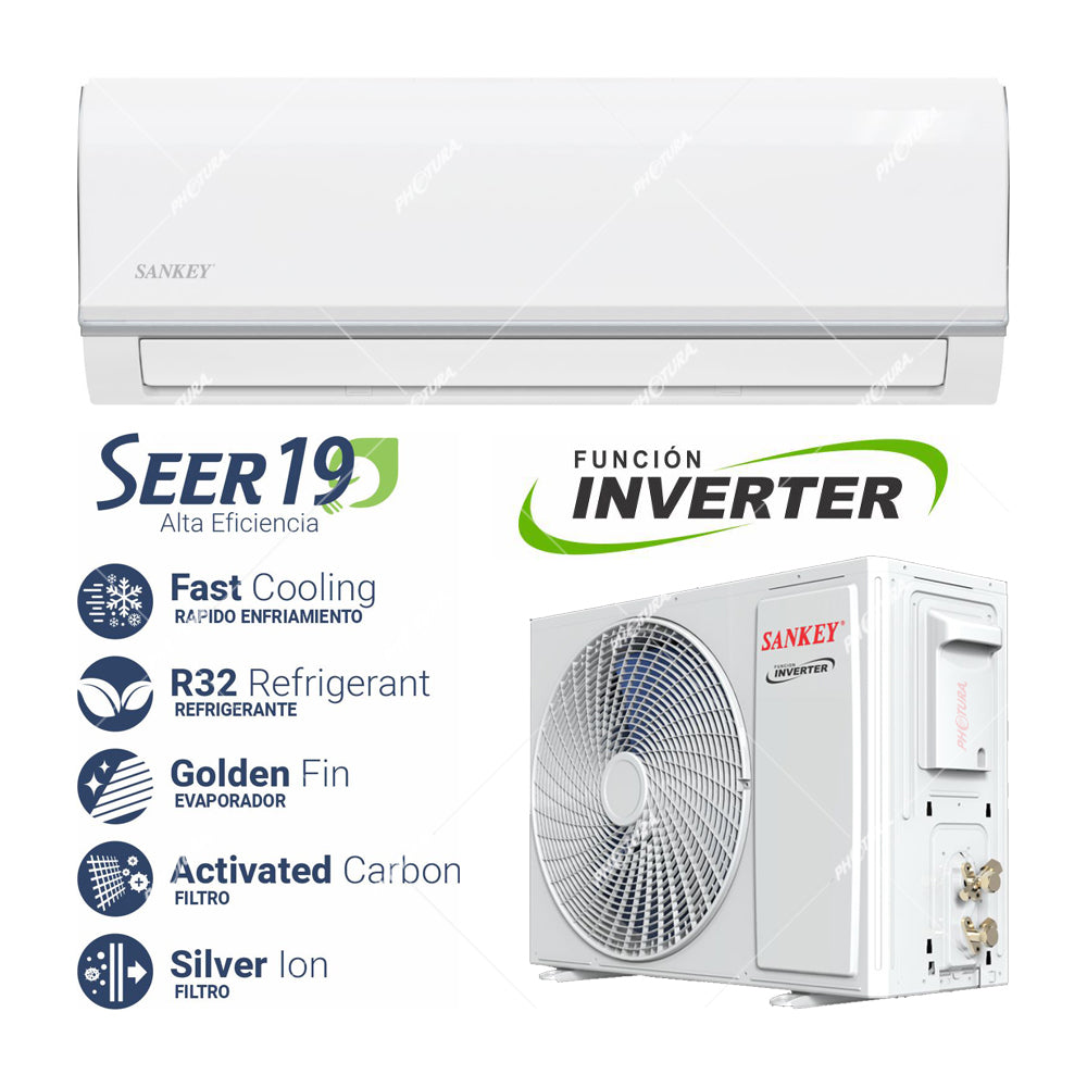 Sankey Aire Acondicionado Split Inverter 17,000 BTU | SEER 19 | Enfriamiento Supremo | Silver Ion | Filtro de Carbón Activo | 220v