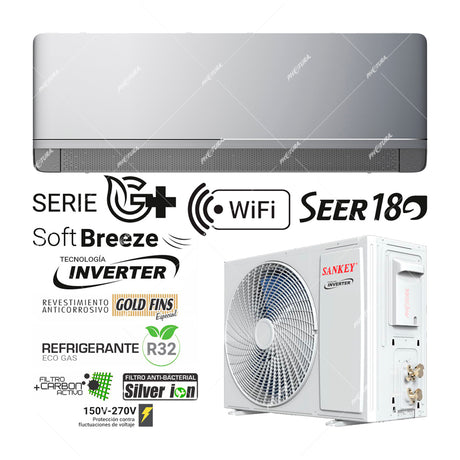 Sankey Aire Acondicionado Split Inverter 17,500 BTU | SEER 18 | Protección de Voltaje | Rápido Enfriamiento | Silver Ion | Filtro de Carbón Activo | 220v | Gris
