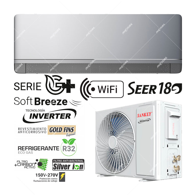 Sankey Aire Acondicionado Split Inverter 17,500 BTU | SEER 18 | Protección de Voltaje | Rápido Enfriamiento | Silver Ion | Filtro de Carbón Activo | 220v | Gris