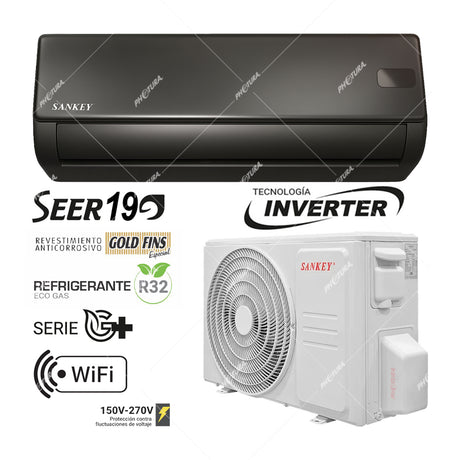 Sankey Aire Acondicionado Split Inverter Serie G+ 18,050 BTU | SEER 19 | WiFi  | Protección de Voltaje | Rápido Enfriamiento | Modo ECO+ | 220v | Negro