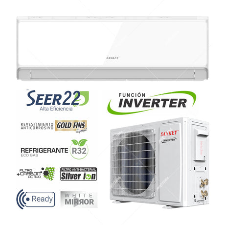 Sankey Aire Acondicionado Split Inverter 17,000 BTU | SEER 22 | WiFi | Alta Eficiencia | Enfriamiento Supremo | Silver Ion | Filtro de Carbon Activo | 220v | White Mirror
