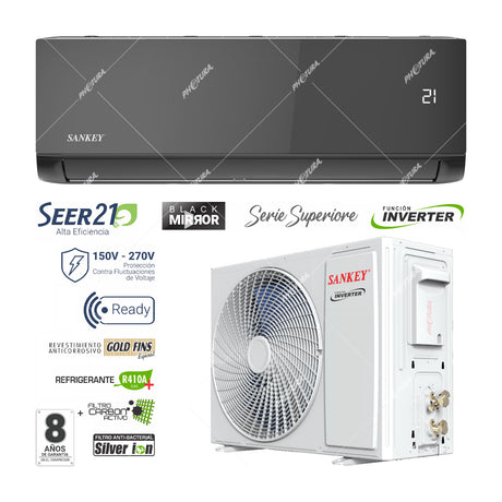 Sankey Aire Acondicionado Split Inverter Serie Superiore 17,500 BTU | SEER 21 | Alta Eficiencia | Protección de Voltaje | Enfriamiento Supremo | Silver Ion | Filtro de Carbón Activo | 220v | Black Mirror