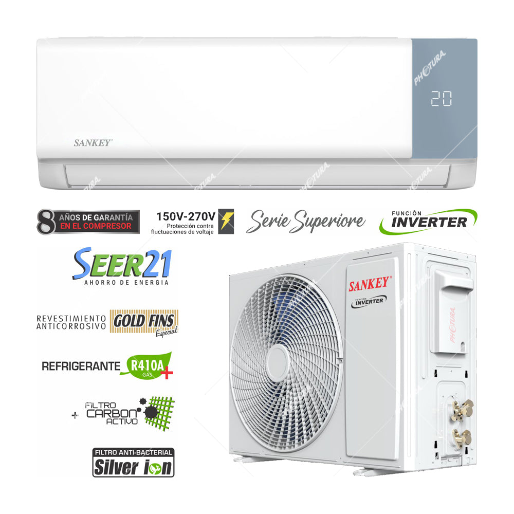 Sankey Aire Acondicionado Split Inverter Serie Superiore 17,500 BTU | SEER 21 | Alta Eficiencia | Protección de Voltaje | Enfriamiento Supremo | Silver Ion | Filtro de Carbón Activo | 220v