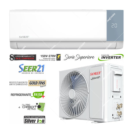 Sankey Aire Acondicionado Split Inverter Serie Superiore 17,500 BTU | SEER 21 | Alta Eficiencia | Protección de Voltaje | Enfriamiento Supremo | Silver Ion | Filtro de Carbón Activo | 220v