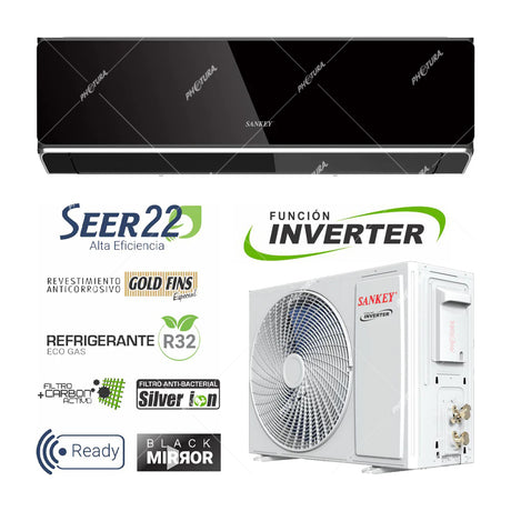 Sankey Aire Acondicionado Split Inverter 22,000 BTU | SEER 22 | Alta Eficiencia | Enfriamiento Supremo | Silver Ion | Filtro de Carbon Activo | 220v | Black Mirror