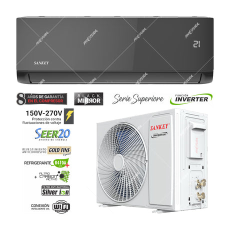 Sankey Aire Acondicionado Split Inverter Serie Superiore 22,000 BTU | SEER 20 | Alta Eficiencia | Protección de Voltaje | Enfriamiento Supremo | Silver Ion | Filtro de Carbón Activo | 220v | Black Mirror