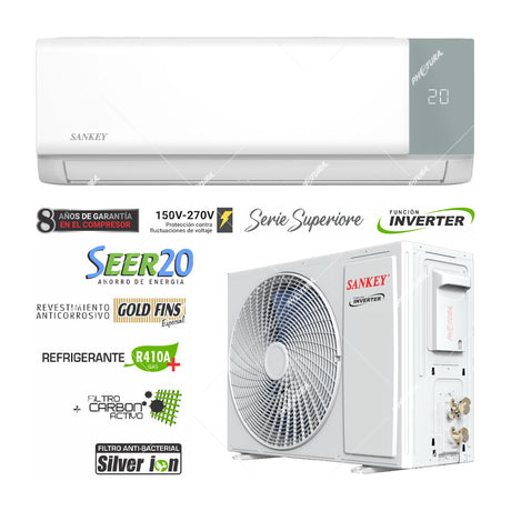 Sankey Aire Acondicionado Split Inverter Serie Superiore 22,000 BTU | SEER 20 | Alta Eficiencia | Protección de Voltaje | Enfriamiento Supremo | Silver Ion | Filtro de Carbón Activo | 220v