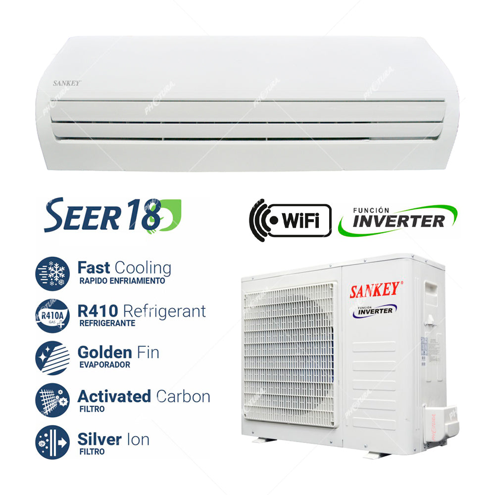 Sankey Aire Acondicionado Split Inverter 34,500 BTU | SEER 18 | Enfriamiento Supremo | Filtro de Carbón Activo | 220v